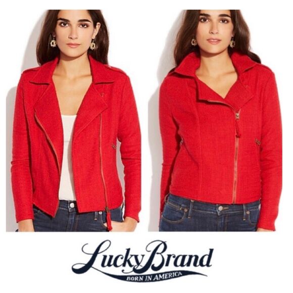 NWT‎ LUCKY BRAND Womens Temera Asym Moto Zip Front Tweed Jacket Red $170 SZ XS - Picture 1 of 7